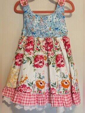 SweetHoney Girls Floral Patchwork Boutique Dress Size 5Y Pink Gingham Pockets